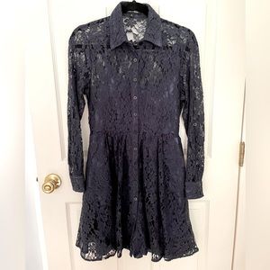 Lace Pattern Long Sleeves Button Down A Line Dress